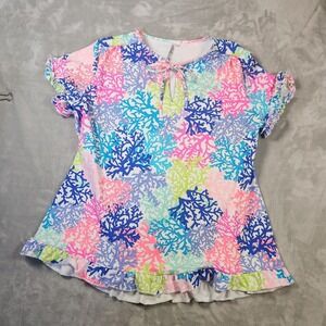 Lulu B Bright Coral Print Short Sleeve V Neck Top Size L UPF 50+